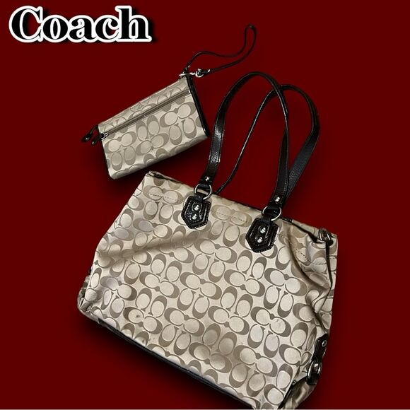 Coach Signature Khaki & Brown Tote Bag + Matching Wallet Set – EUC - Picture 6 of 13